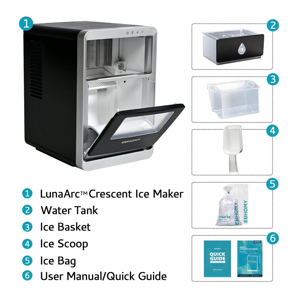 
                      
                        EUHOMY Luna Portable Crystal Crescent Ice Maker Countertop with Ice Bag Set (50 pcs)– Melts 30 Mins Lower, Rapid Ice Making in 12 Mins, Real-Time Status Visibility
                      
                    