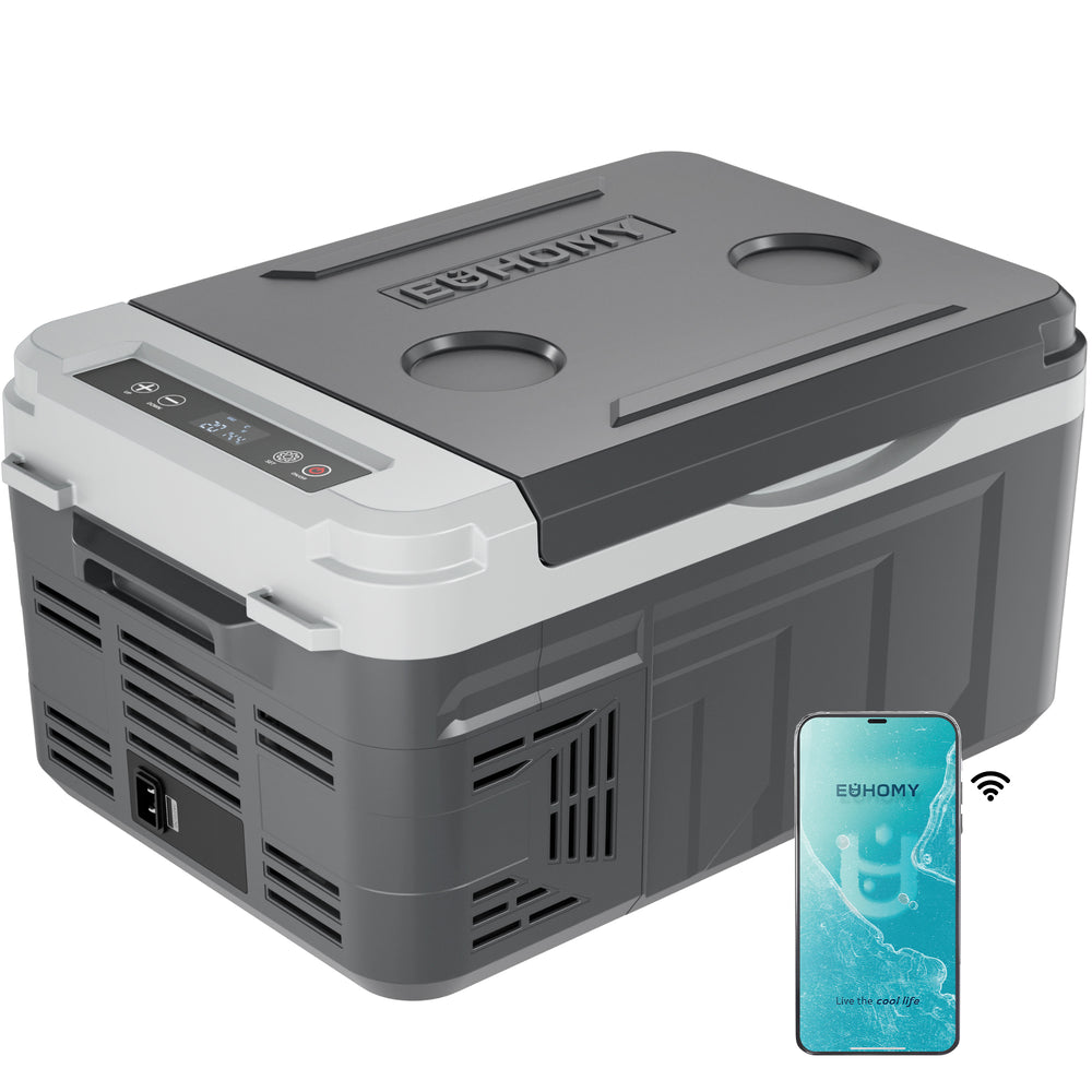 EUHOMY 12V Portable Car Refrigerator, 10L, Single Zone, APP Control, Brown & Gray – Compact Fridge & Freezer for Camping & Travel